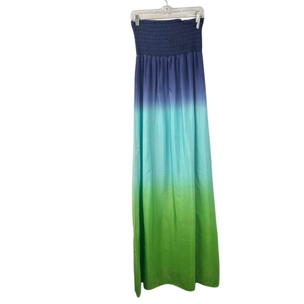 Lilly Pulitzer Women's Large Green & Blue Dip Dye 100% Silk Strapless Maxi Dress - Picture 3 of 16